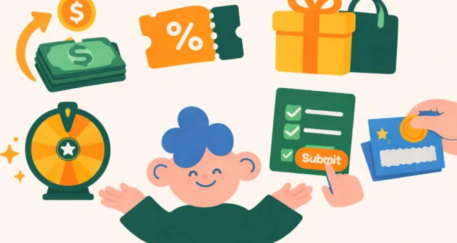 Visual overview of types of consumer promotion campaigns such as cashback, vouchers, lucky draws, and submit to win mechanics.