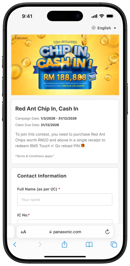 Contest management solution mobile view showing Red Ant Chip In Cash In campaign with submission form for consumer promotions.