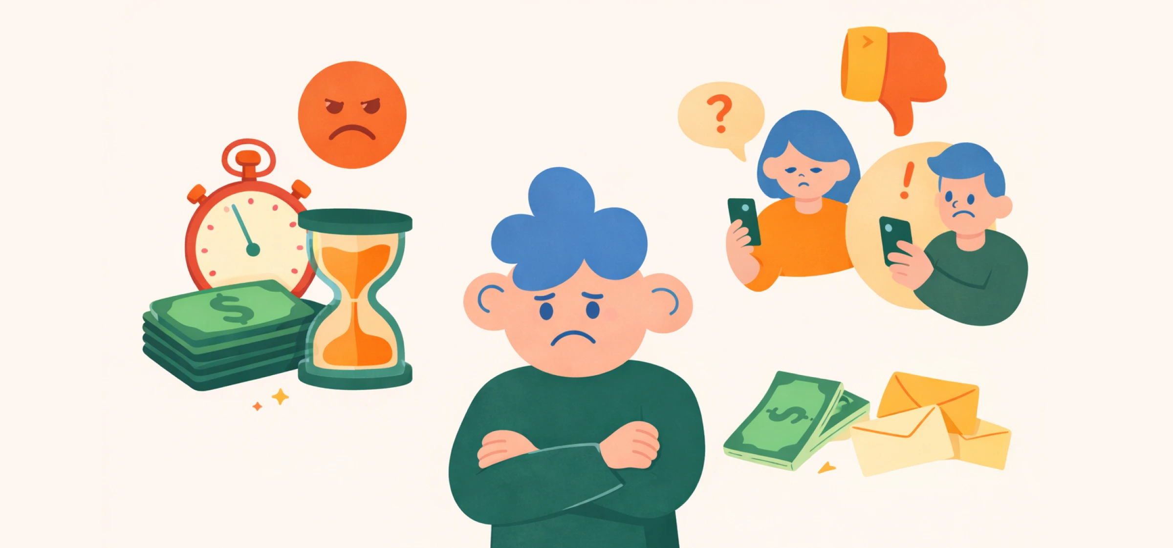 Illustration representing slow payout in a campaign, showing delays, unhappy users, and pending rewards.