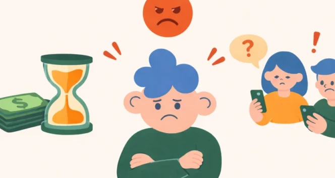 Illustration showing customer frustration caused by slow payout, with money, hourglass, and complaint icons.
